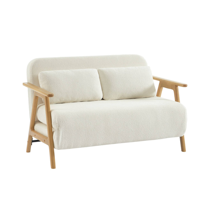 Banquette canapé convertible 2 places bois d'hévéa et bouclette texturée crème L 133 x P 81 x 84cm - Sven
