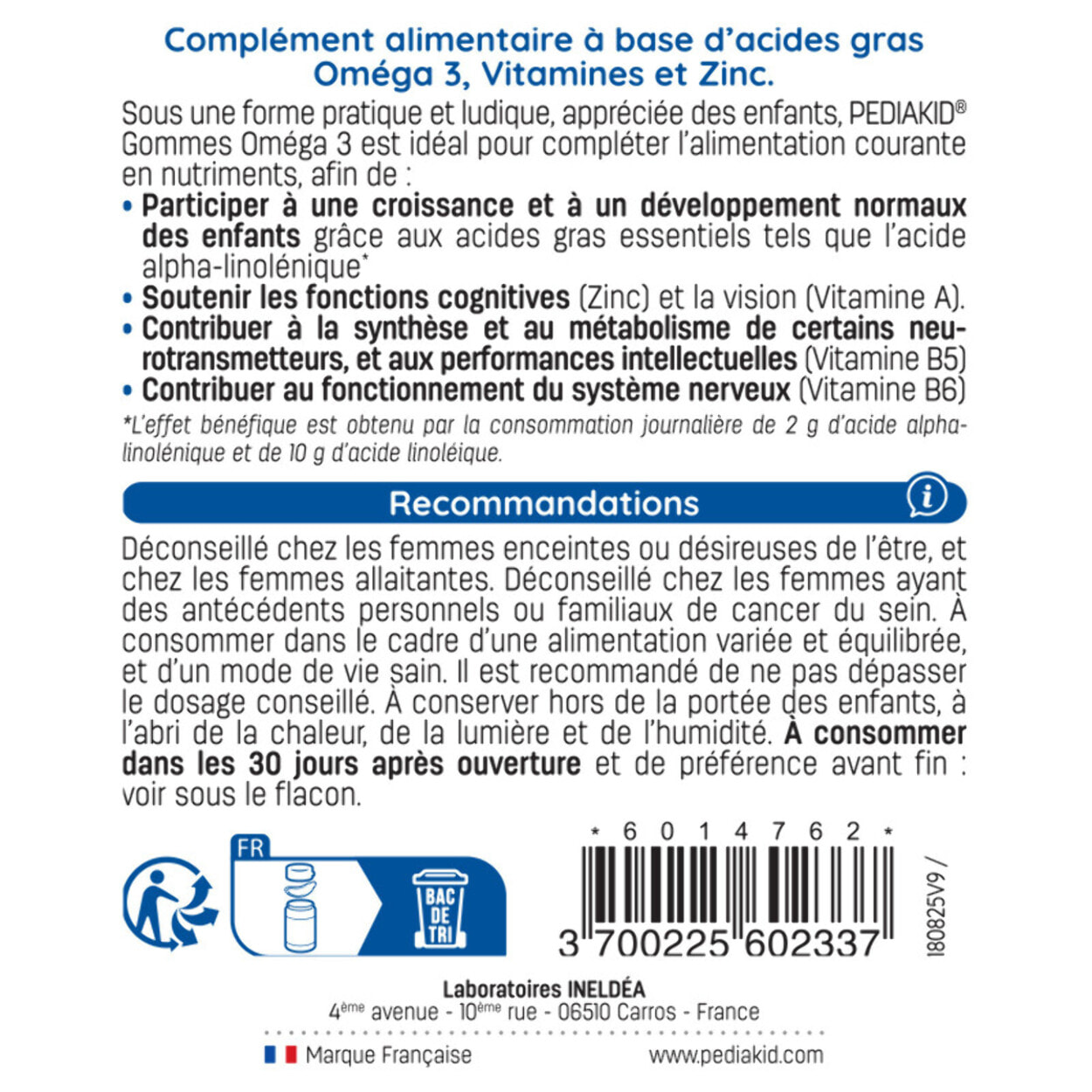 PEDIAKID - Gommes Oméga 3 - Formule Naturelle au Délicieux Arôme de Citron - Soutient les Fonctions Cognitives - Favorise la Croissance et le Développement Cérébral - Lot de 3 piluliers
