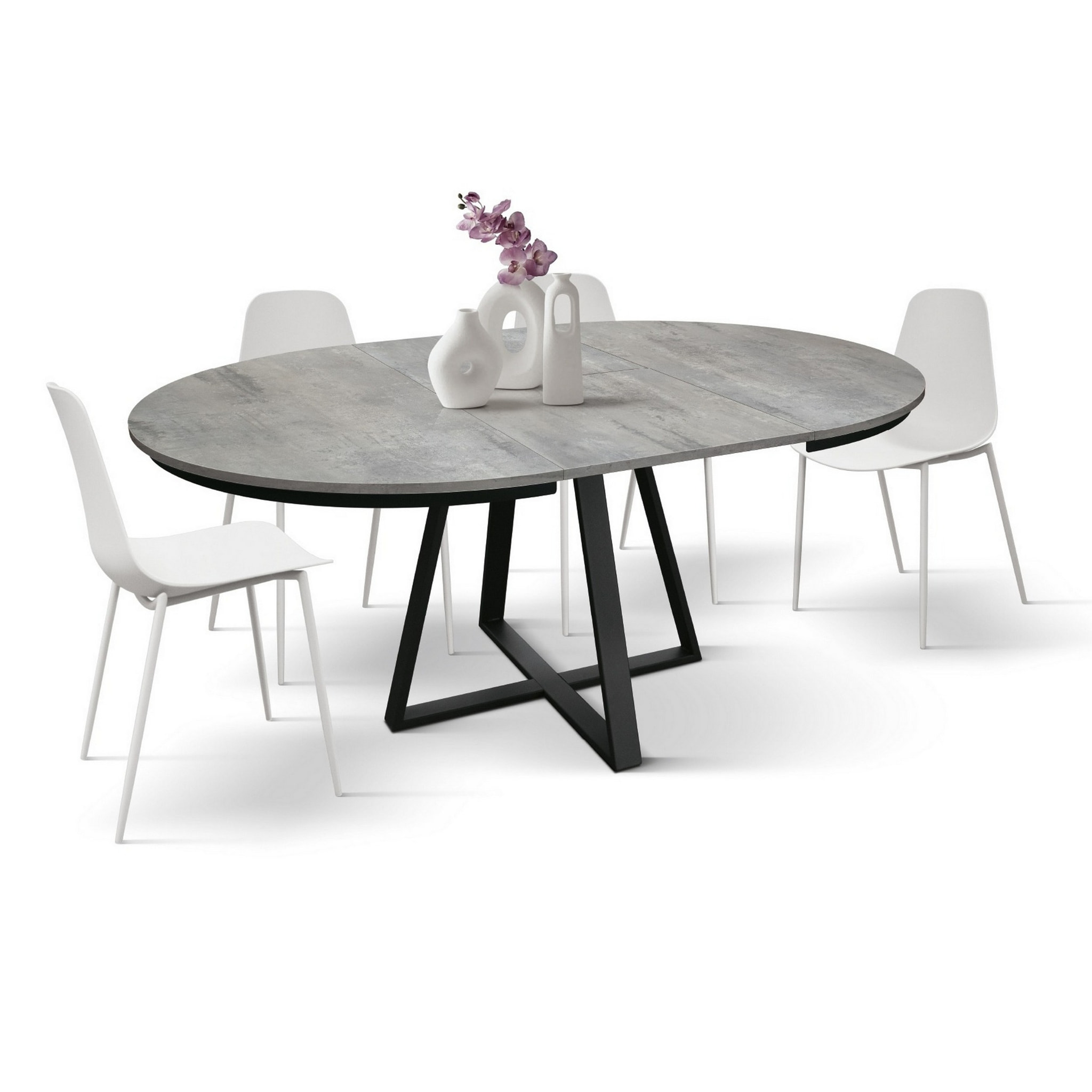 Tavolo rotondo PANTELLERIA in legno effetto grigio cemento con base a X in metallo antracite, allungabile ⌀120 cm - ⌀170 cm