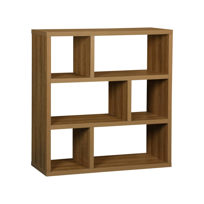 Etagère bibliothèque asymétrique 3 niveaux 6 compartiments. casiers. effet bois de manguier.  L 111.2 x P 39 x H 115.2cm