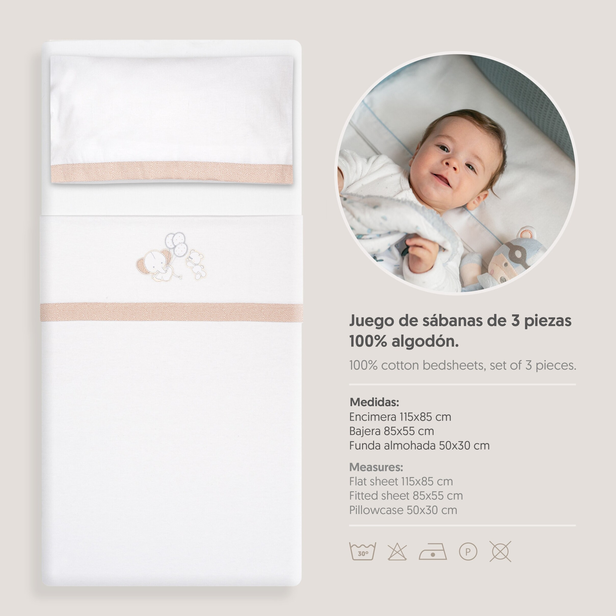 Triptico Minicuna Franela Oso Elefante Globos Bco/Beig