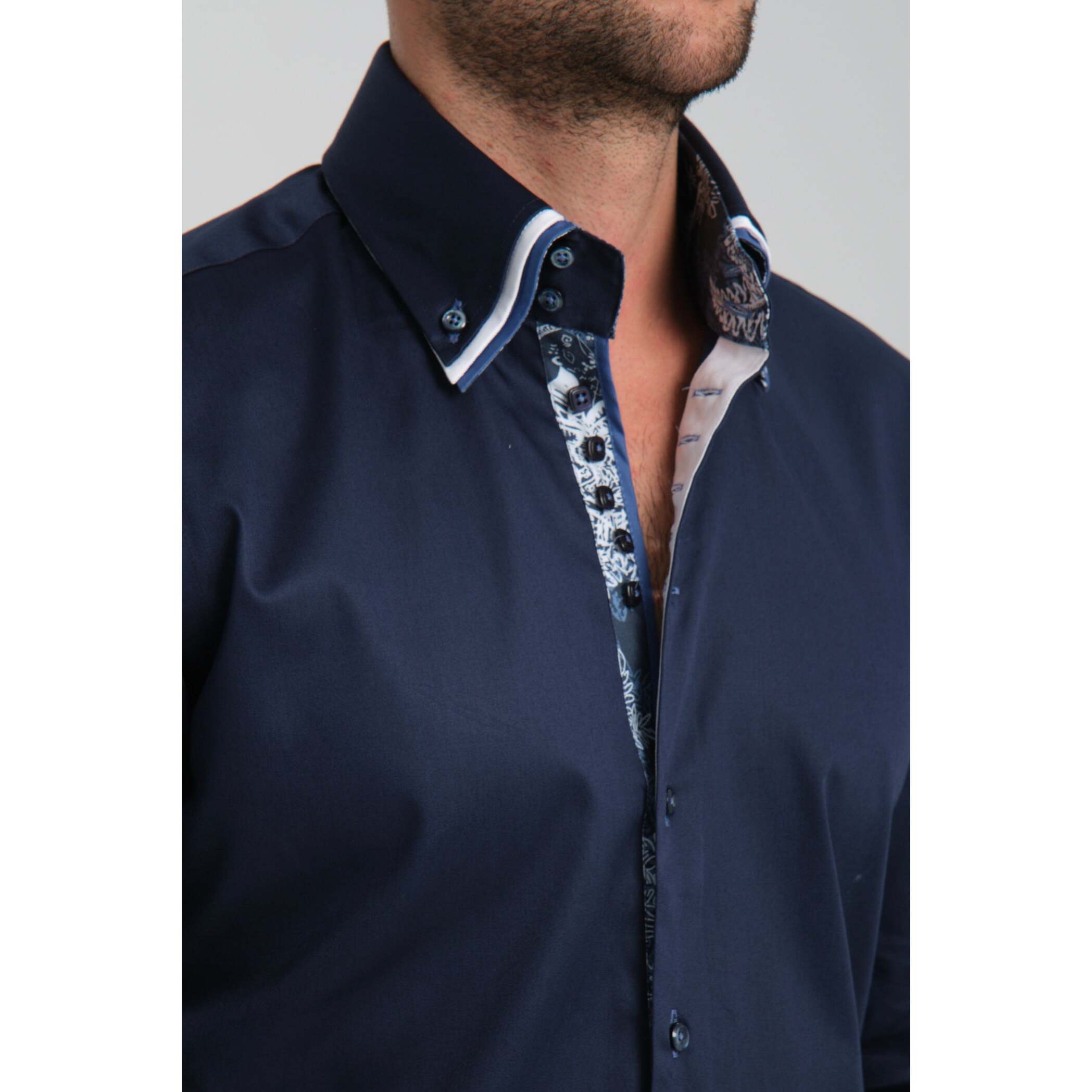Camicia Uomo 2 Bottoni Button Down Triplo Collo Slim Satin Unito Blu