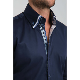 Camicia Uomo 2 Bottoni Button Down Triplo Collo Slim Satin Unito Blu