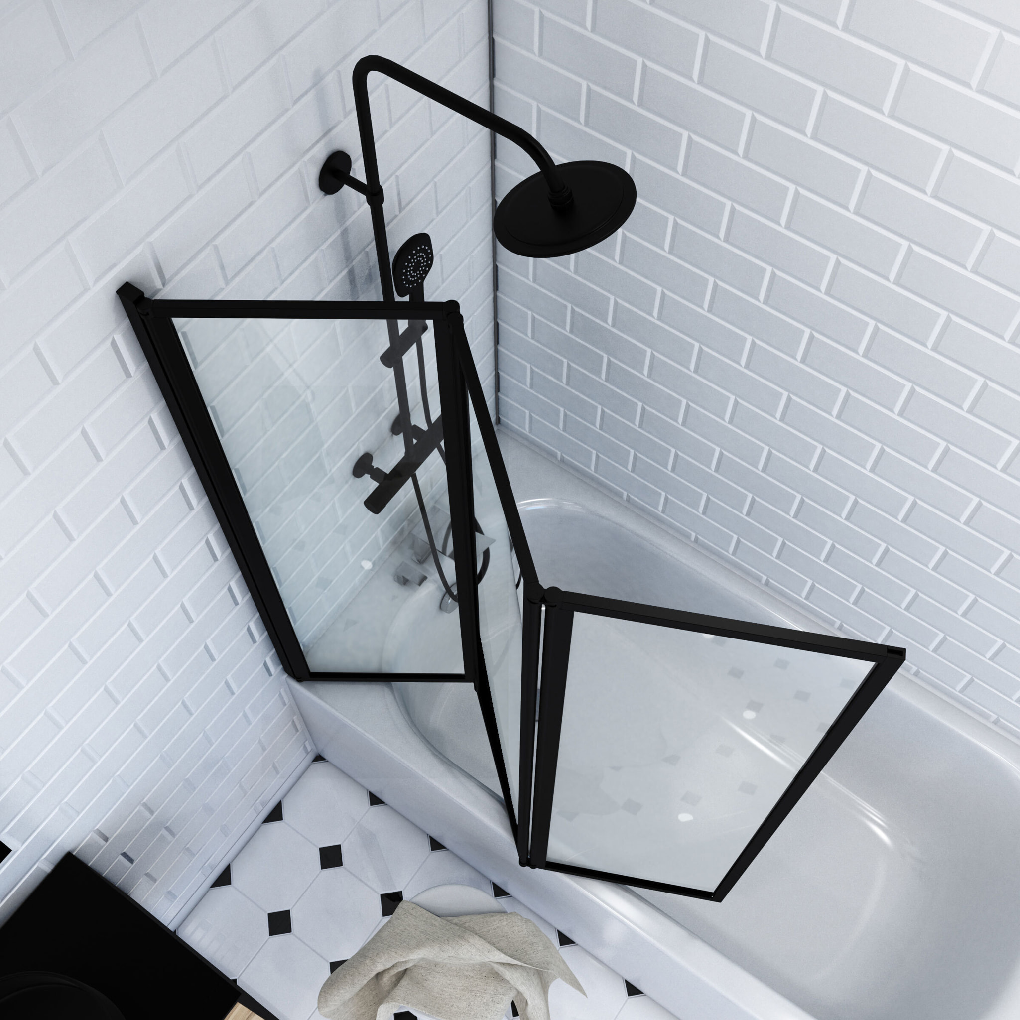 Pare baignoire Pivotant 3 Volets Noir Mat - 125x143 cm - Verre Trempé 4 mm - ZAGGY DARK