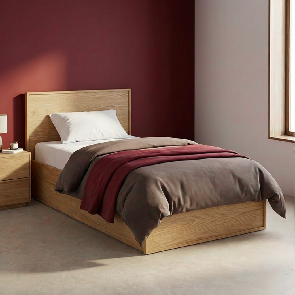 Lit avec sommier à lattes et tête de lit 90 x 190cm + 2 tiroirs décor bois KUBA