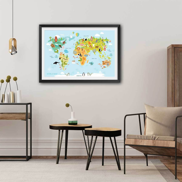Affiche world map animals Affiche sous cadre noir