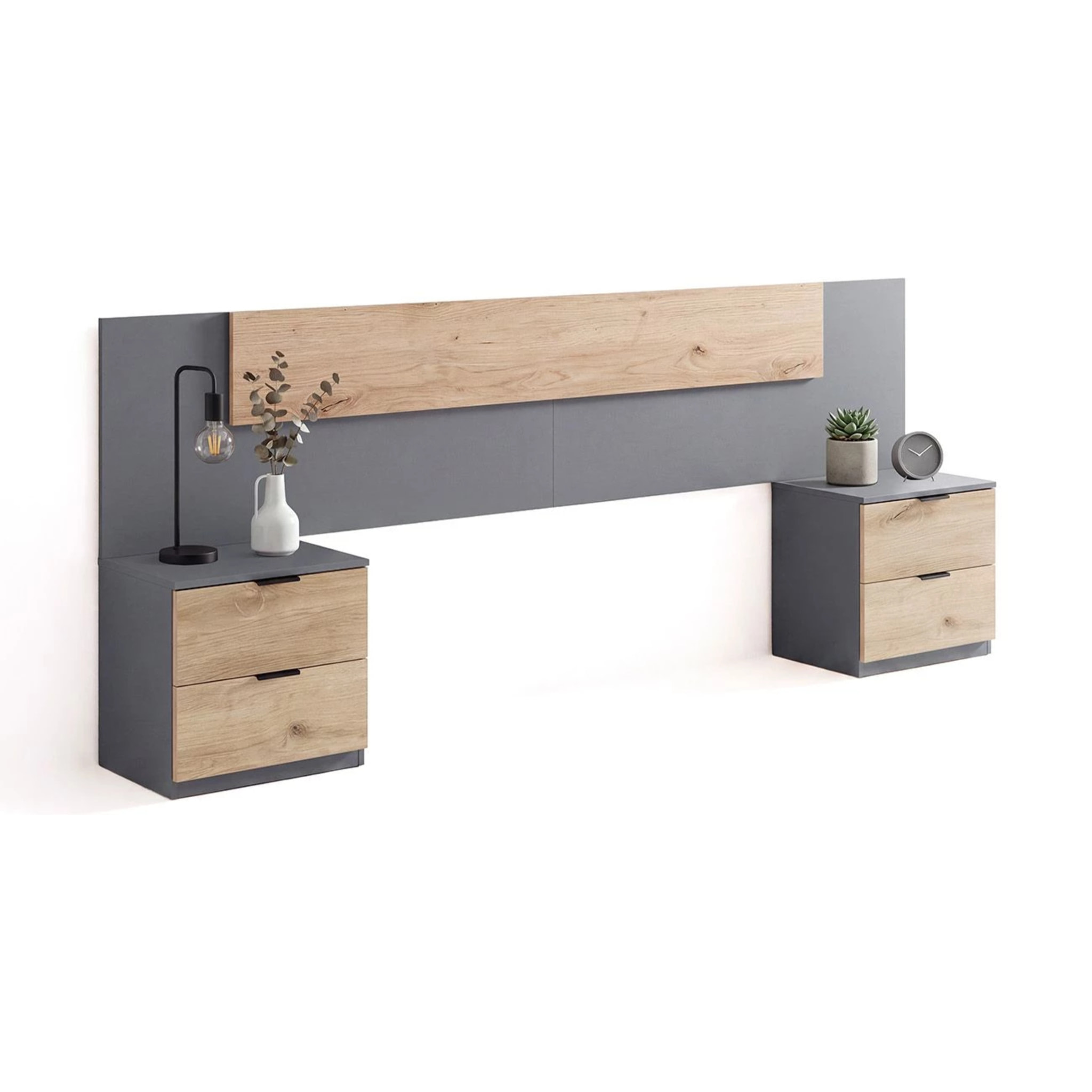Cabecero para cama de 135-150 cm y 2 mesitas con cajones en gris grafito y apline oak Akari Gris Grafito - Alpine Oak