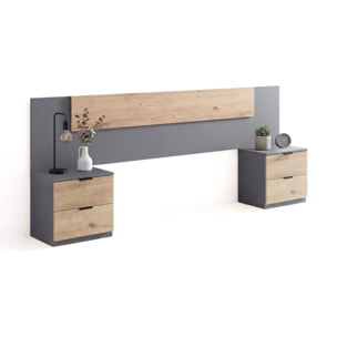 Cabecero para cama de 135-150 cm y 2 mesitas con cajones en gris grafito y apline oak Akari Gris Grafito - Alpine Oak