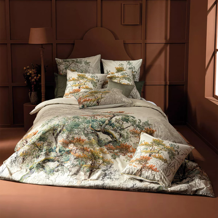 Housse de couette percale de coton lavé imprimé multicolore beige Bois de mystere parchemin