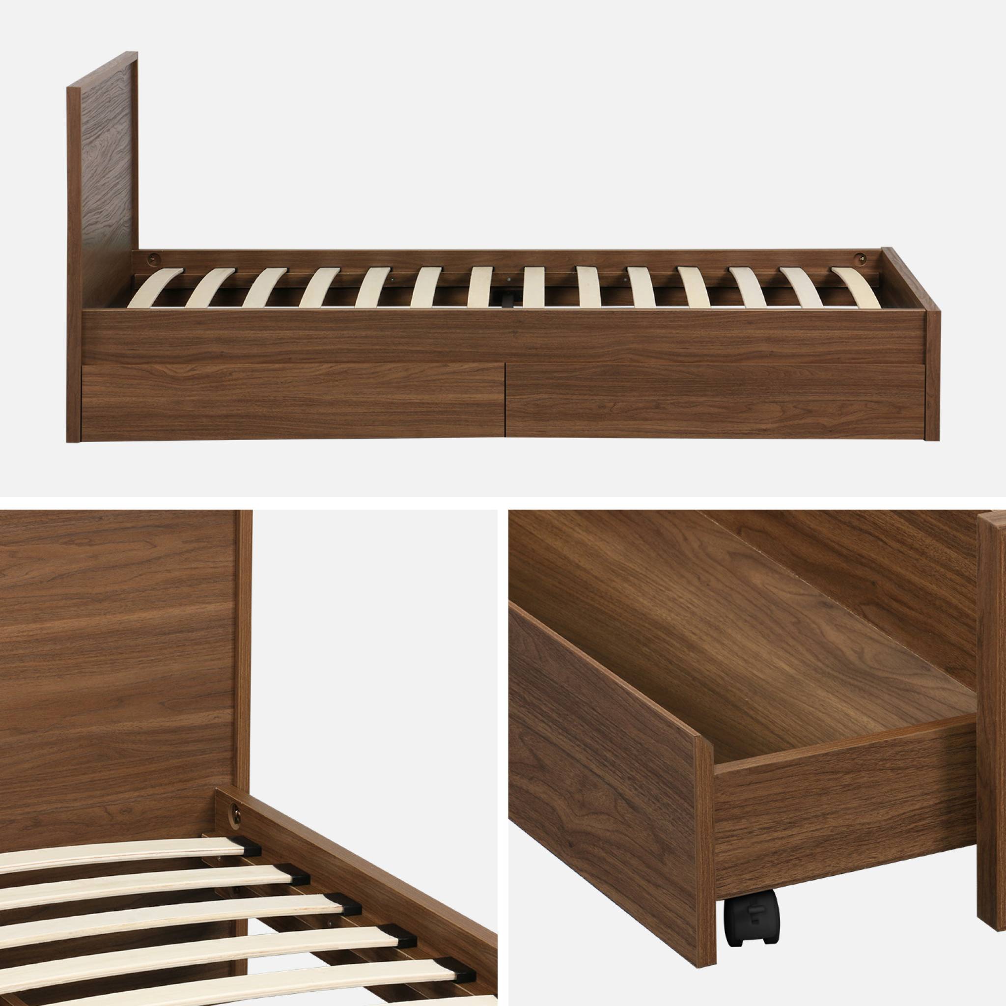 Lit avec sommier à lattes et tête de lit 90 x 190cm + 2 tiroirs décor bois KUBA