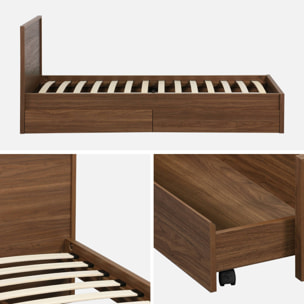 Lit avec sommier à lattes et tête de lit 90 x 190cm + 2 tiroirs décor bois KUBA