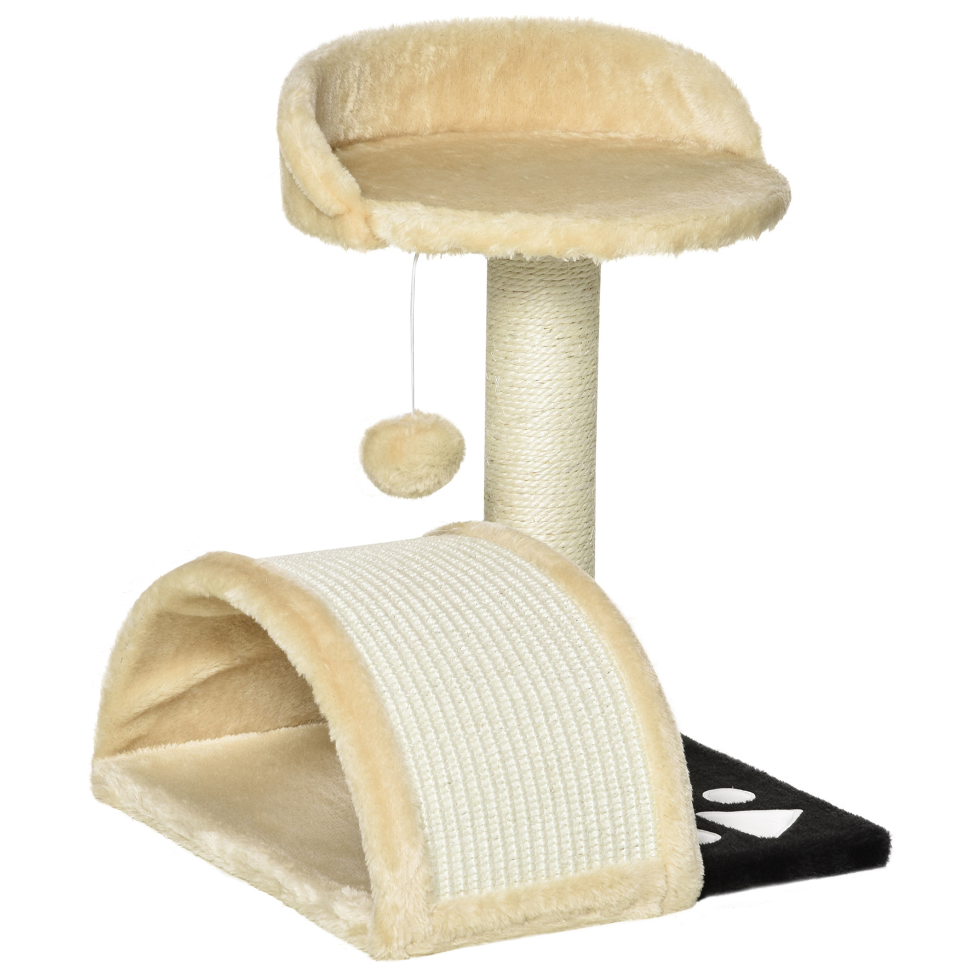 Arbre à chat griffoir grattoir design jeu boule suspendue + plateforme peluche sisal naturel beige