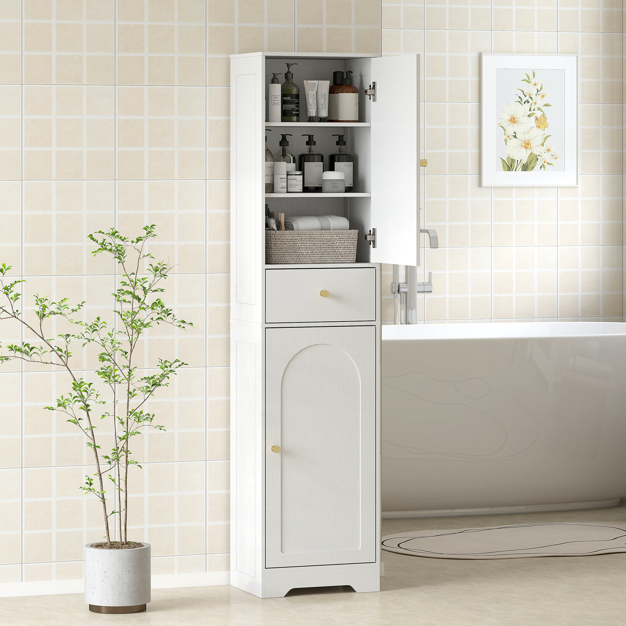 Armario Alto de Baño Estrecho con 2 Puertas Arqueadas Cajón y Estantes Ajustables Columna de Baño Estilo Moderno para Salón Aseo Cocina 40x29,5x170 cm Blanco Veteado