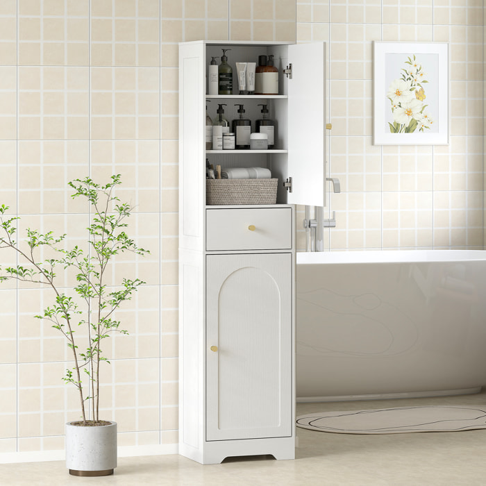 Armario Alto de Baño Estrecho con 2 Puertas Arqueadas Cajón y Estantes Ajustables Columna de Baño Estilo Moderno para Salón Aseo Cocina 40x29,5x170 cm Blanco Veteado