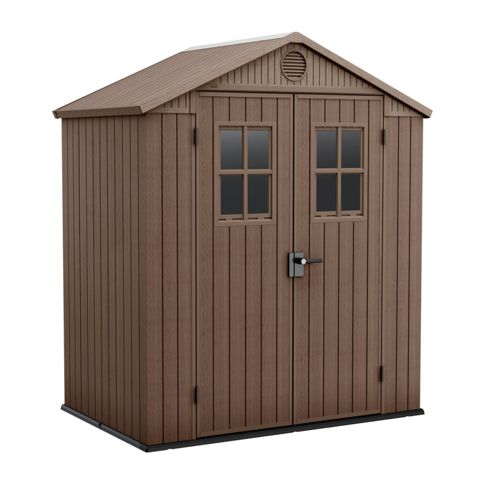 Darwin 6x4 - Casetta da Giardino 190x221x122 cm 2 Ante a per deposito attrezzi finitura effetto legno Evotech+ in Resina Marrone