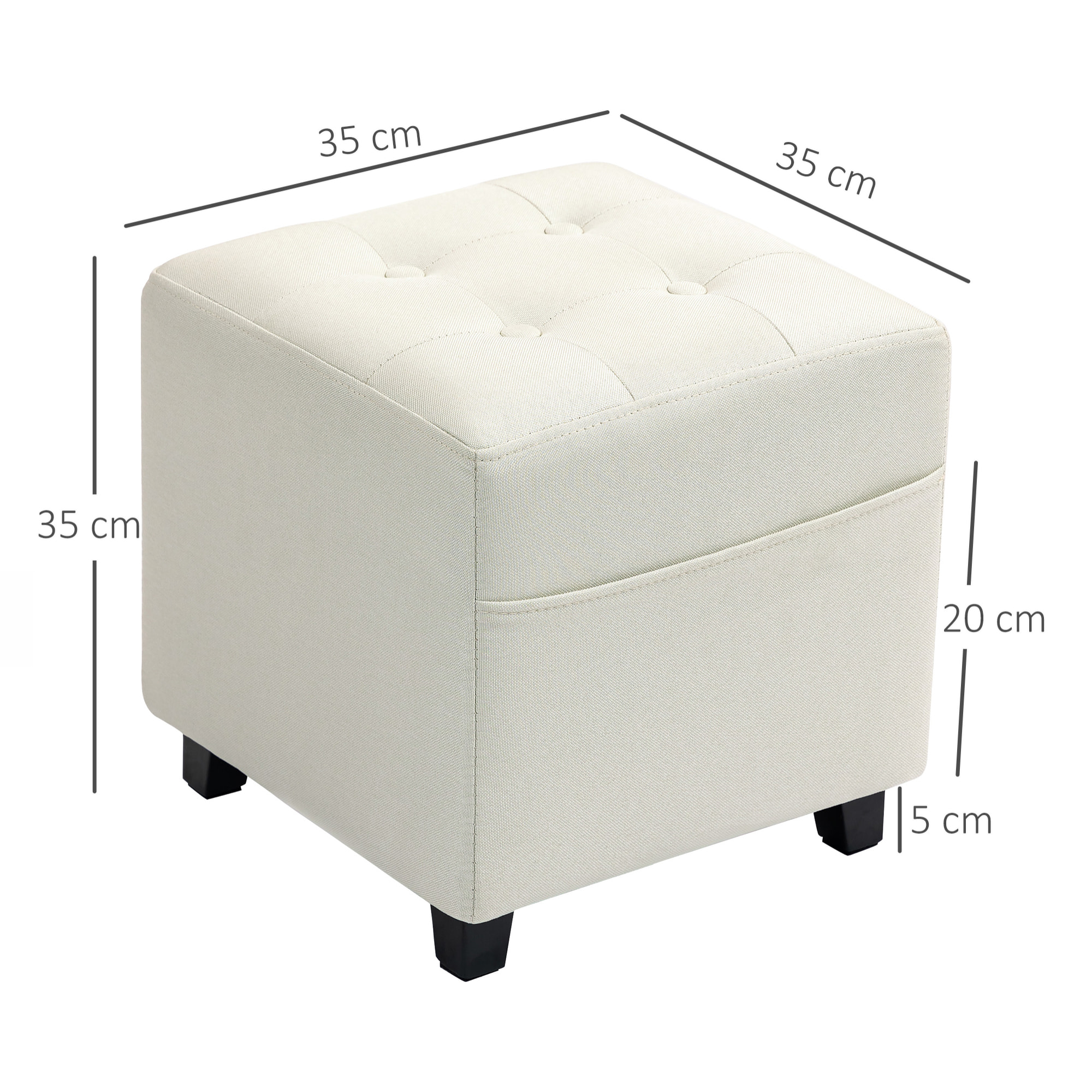 Reposapiés de Salón Taburete Bajo Tapizado en Lino Otomana Cuadrada con Bolsillo Lateral Tapa con Botones Acolchados y Marco de Madera para Sala de Estar Dormitorio Crema