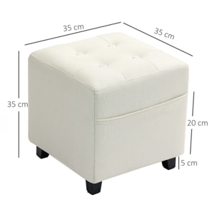 Reposapiés de Salón Taburete Bajo Tapizado en Lino Otomana Cuadrada con Bolsillo Lateral Tapa con Botones Acolchados y Marco de Madera para Sala de Estar Dormitorio Crema
