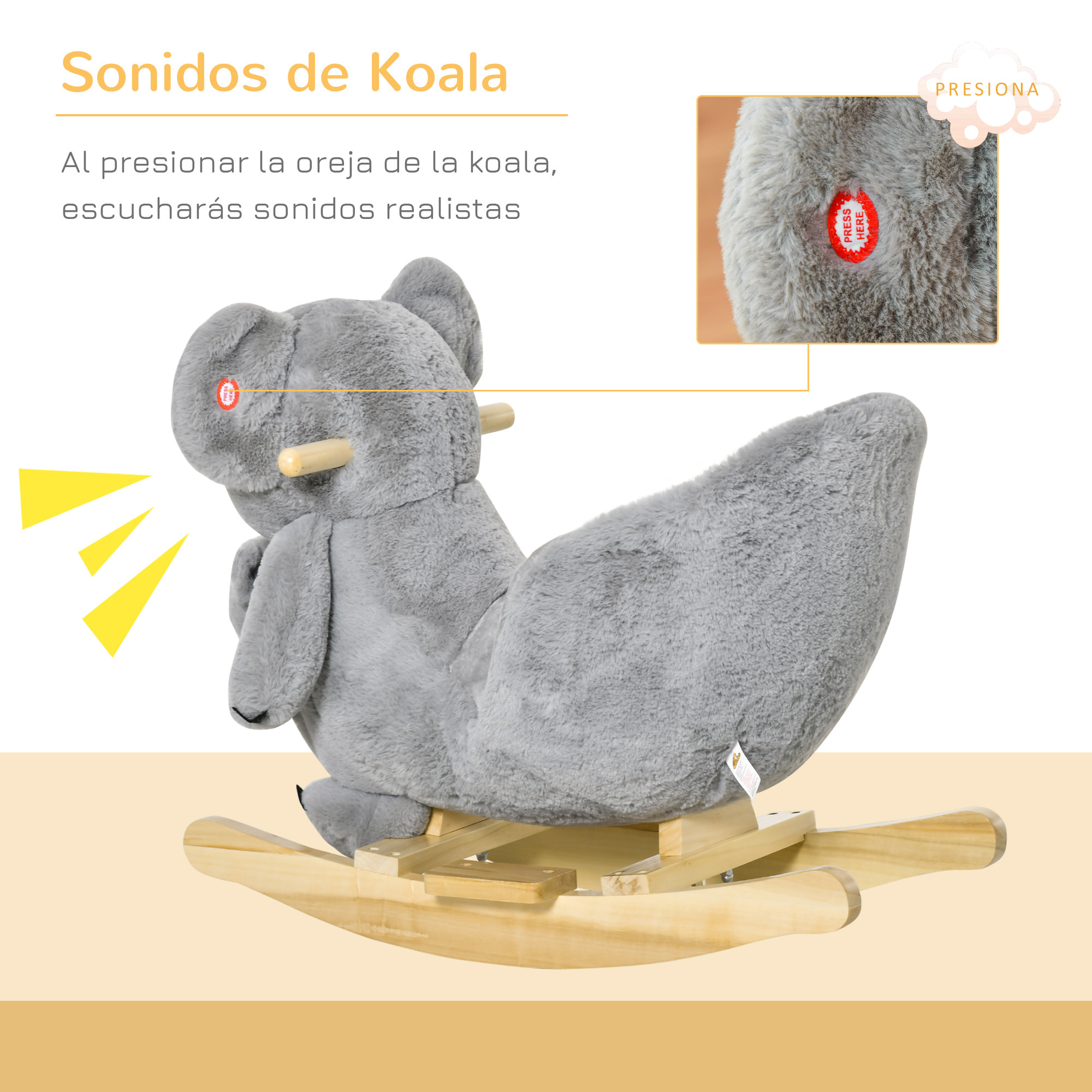 Caballito Balancín Infantil en Forma de Koala con Títere para Bebés 18-36 Meses con Sonido Cinturón de Seguridad y Reposapiés 60x33x50 cm Gris