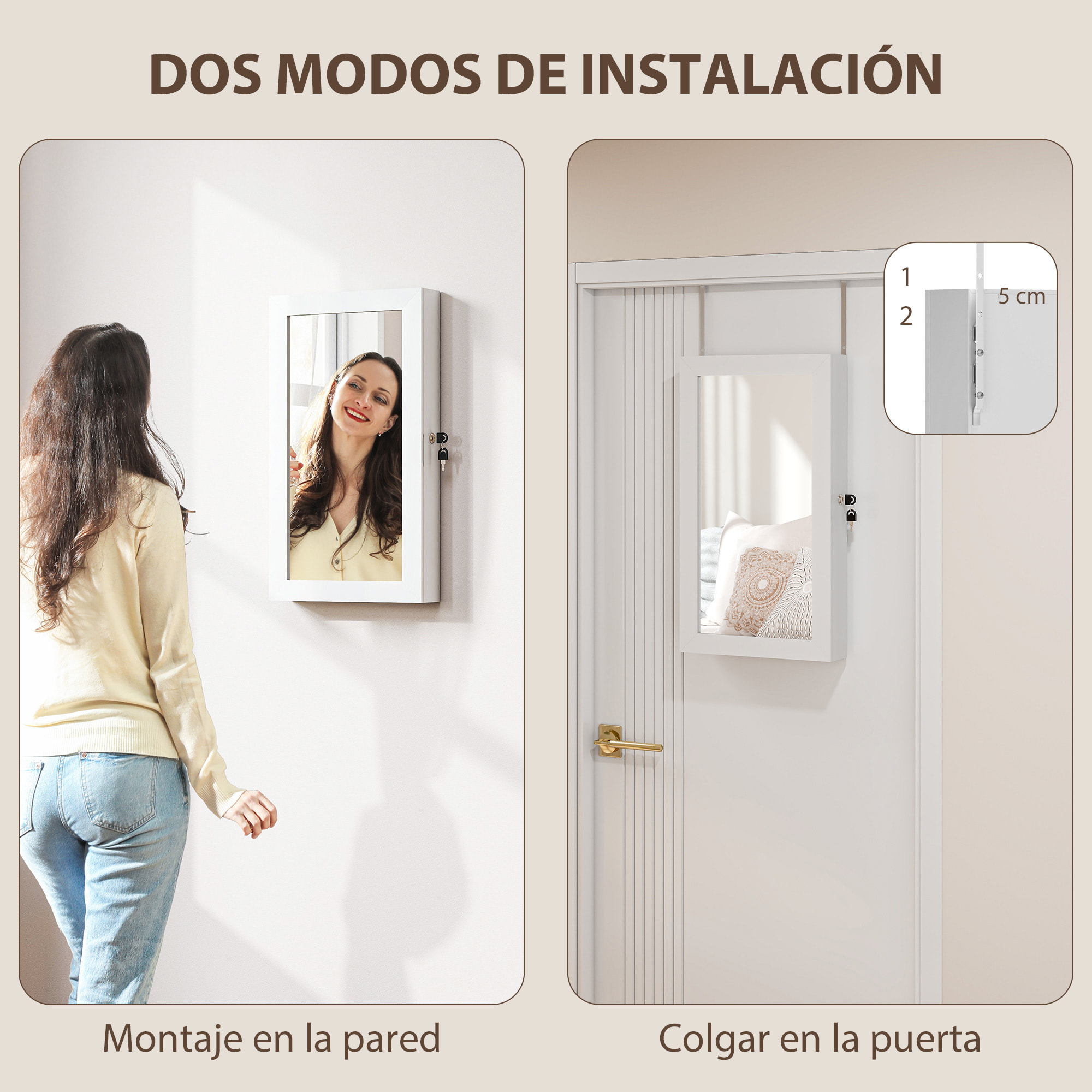 Espejo Joyero de Pared Armario para Joyas con Cerradura y Varios Compartimentos Montar en Pared o Puerta para Pendiente Collar Anillo Pulsera Blanco y Forro Crema