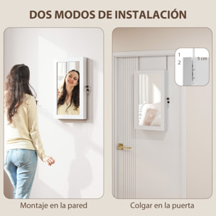 Espejo Joyero de Pared Armario para Joyas con Cerradura y Varios Compartimentos Montar en Pared o Puerta para Pendiente Collar Anillo Pulsera Blanco y Forro Crema