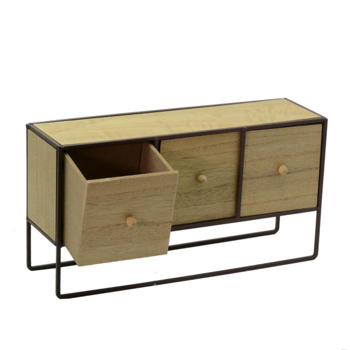 Portatutto in legno e metallo marrone arrugginito 3 cassetti cm38x11h20