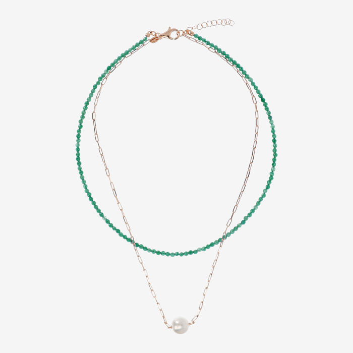 Doppia Collana Girocollo con Quarzite Verde e Maglia Forzatina con Perla Ming Bianca Ø 11 mm in Argento 925 placcato Oro rosa 18Kt