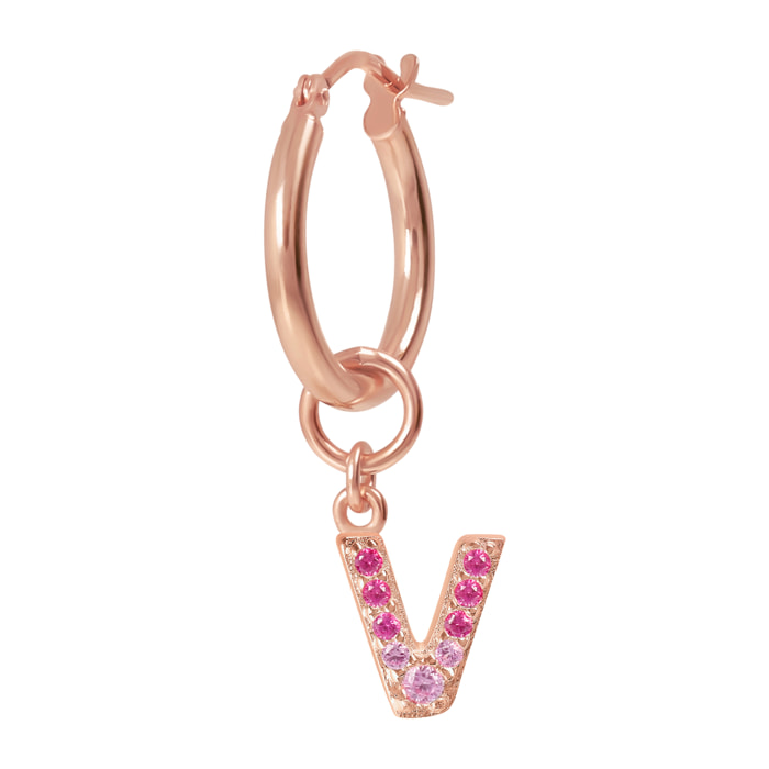 Orecchino a Cerchio con Ciondolo Lettera V in Pavé di Cubic Zirconia Rosa