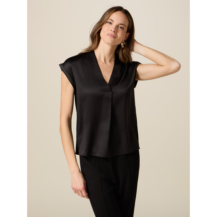 Oltre - Camiseta bimatérica con escote en V - Negro