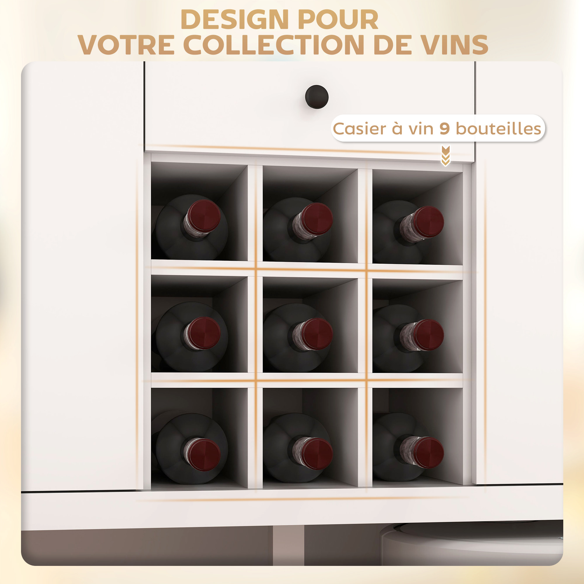 Buffet 2 tiroirs, 2 portes étagères réglables, range-bouteilles 9 max. - blanc bois clair