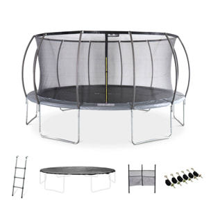 Trampoline rond Ø 490cm gris avec filet de protection intérieur - Jupiter Inner XXL - échelle. bâche. filet pour chaussures et kit d'ancrage 4.90m 490 cm