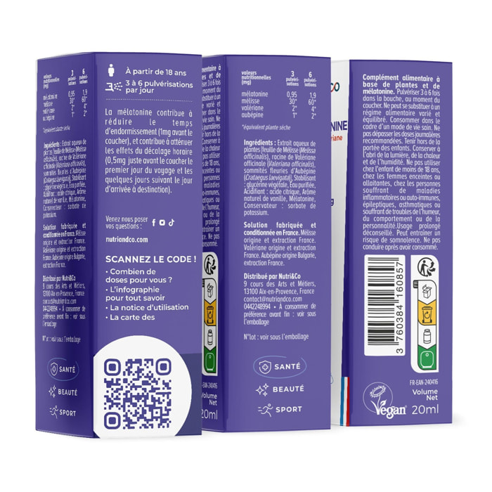 Nutri&Co Mélatonine 1,9mg avec Mélisse et Valériane Vegan - Format Spray 20mL