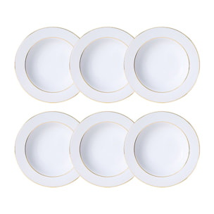 Lot de 6 assiettes creuses 22,5cm en porcelaine blanche et filet or CLASSIC FILET OR