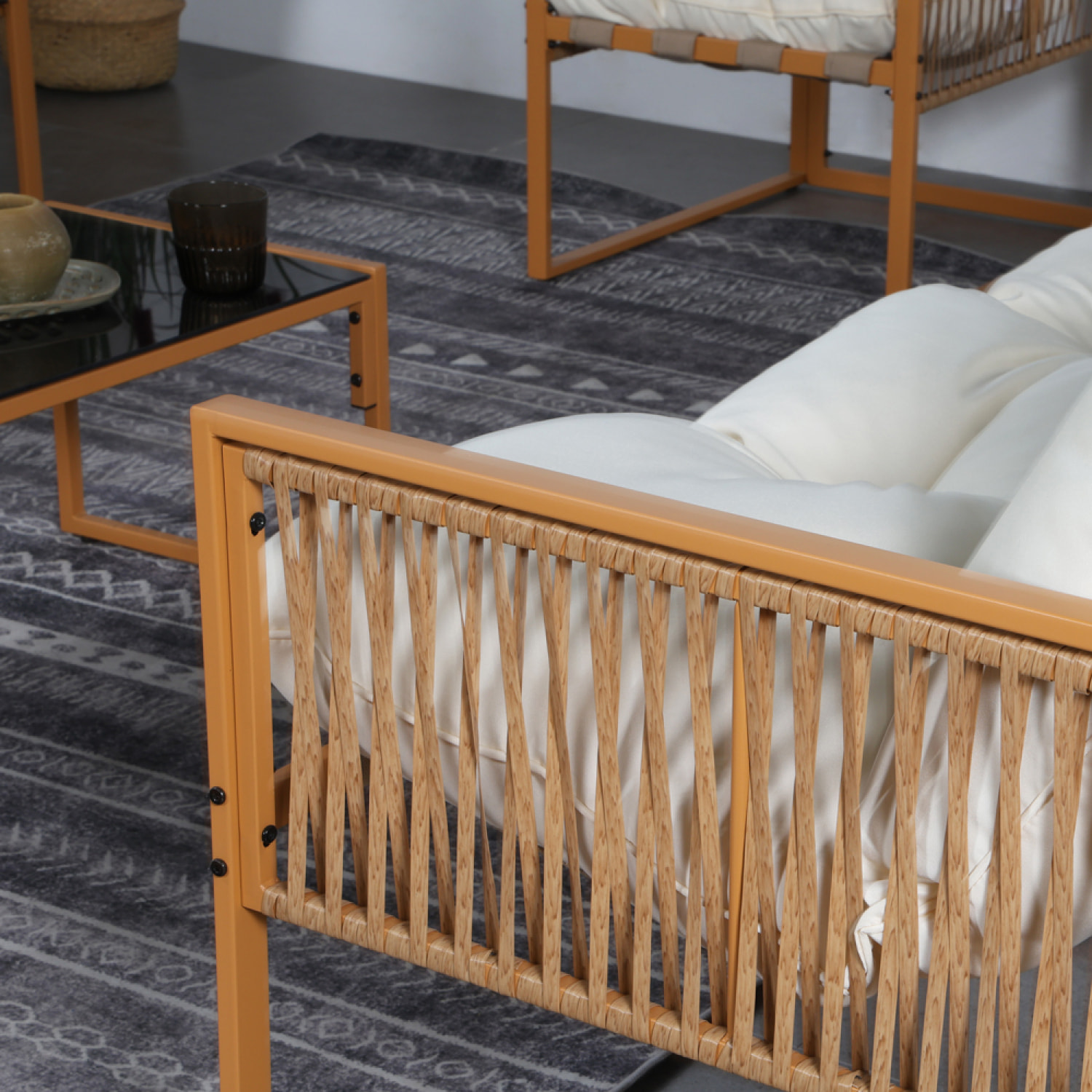 FORLI Salon de jardin 8 places effet rotin coussins blancs