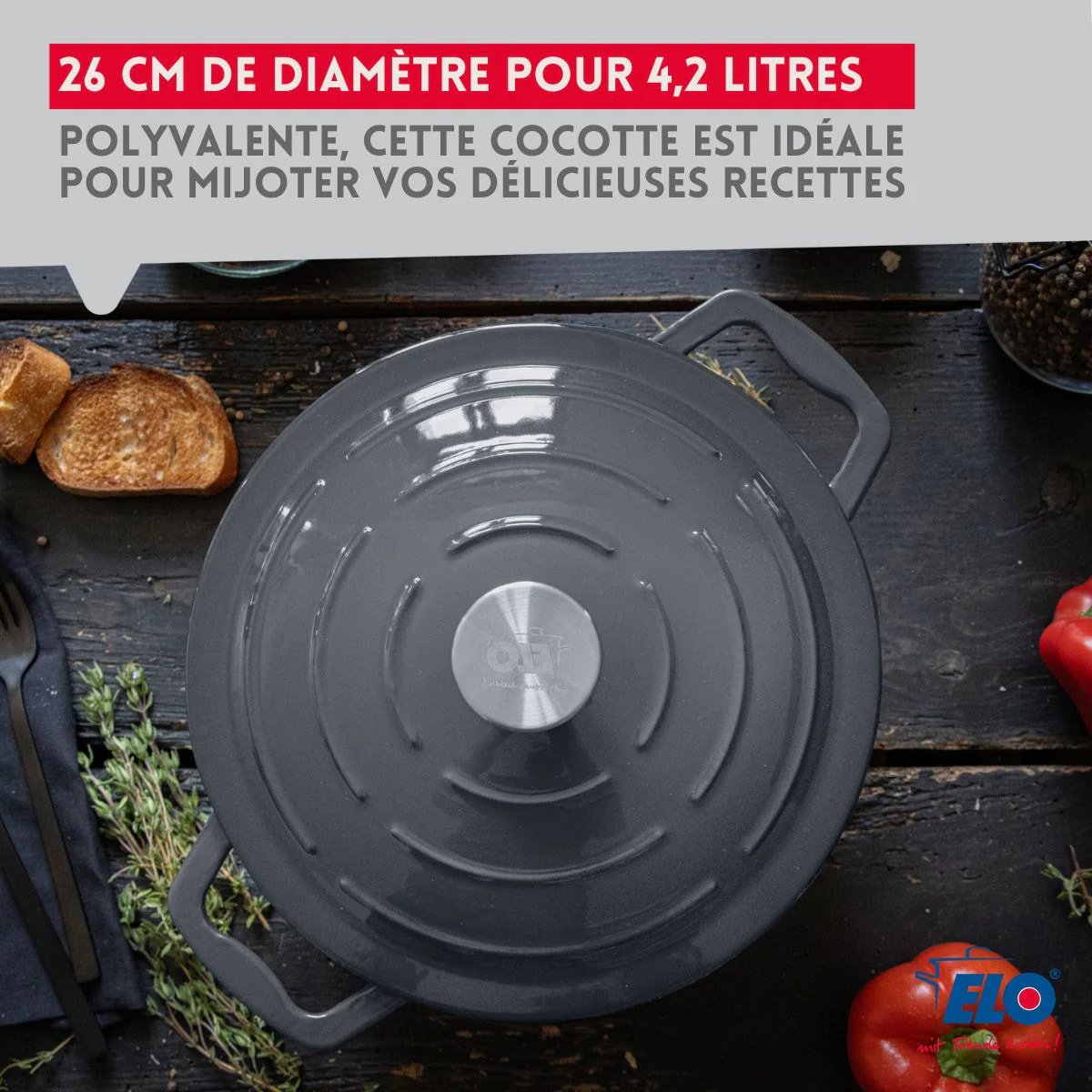 Cocotte 26 cm en fonte émaillée gris classique 4.5 L Elo