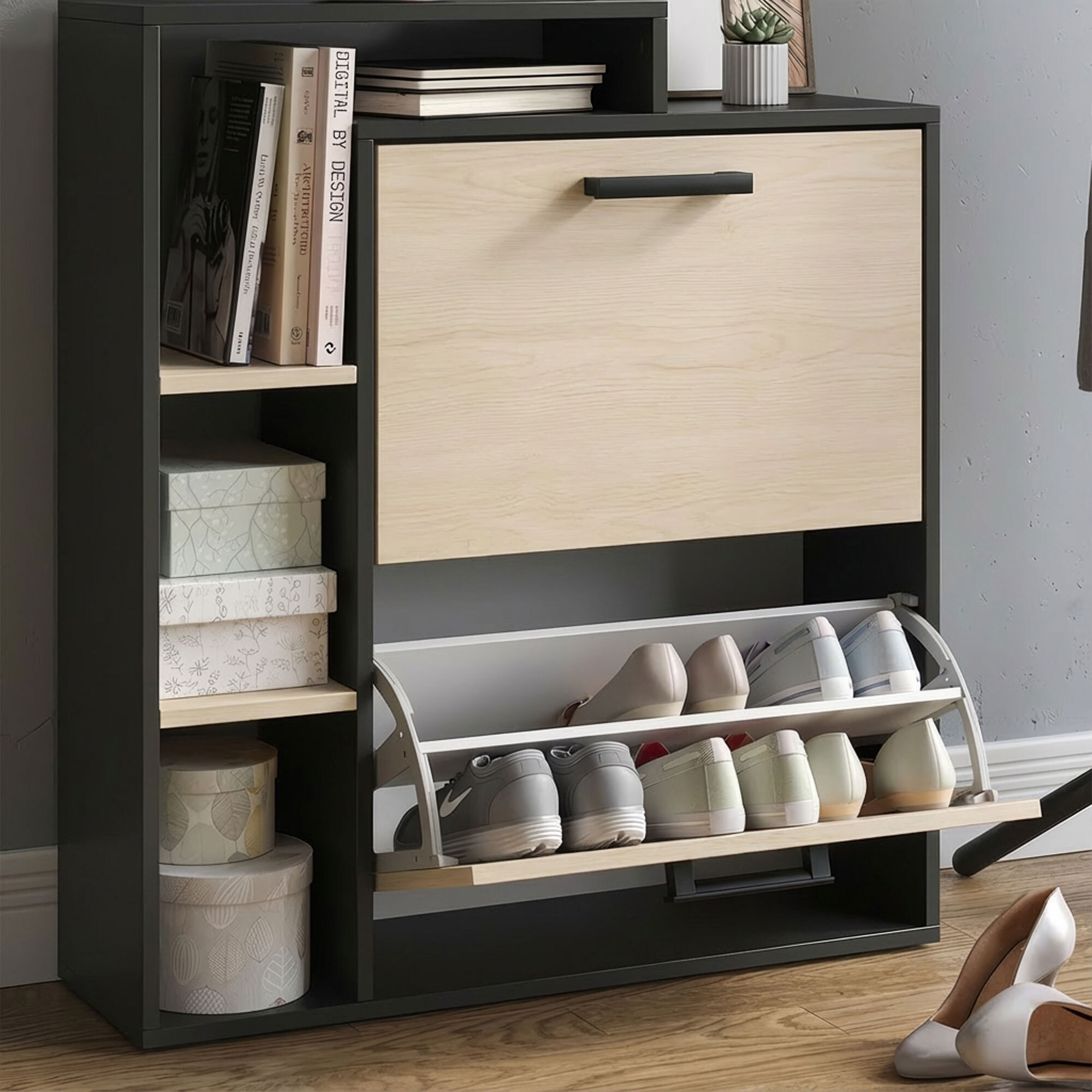 Sena - Scarpiera Salvaspazio 2 Ante 80x90x24,5 cm 12 Paia con Mensole e Ripiano Svuotatasche in Legno Nero