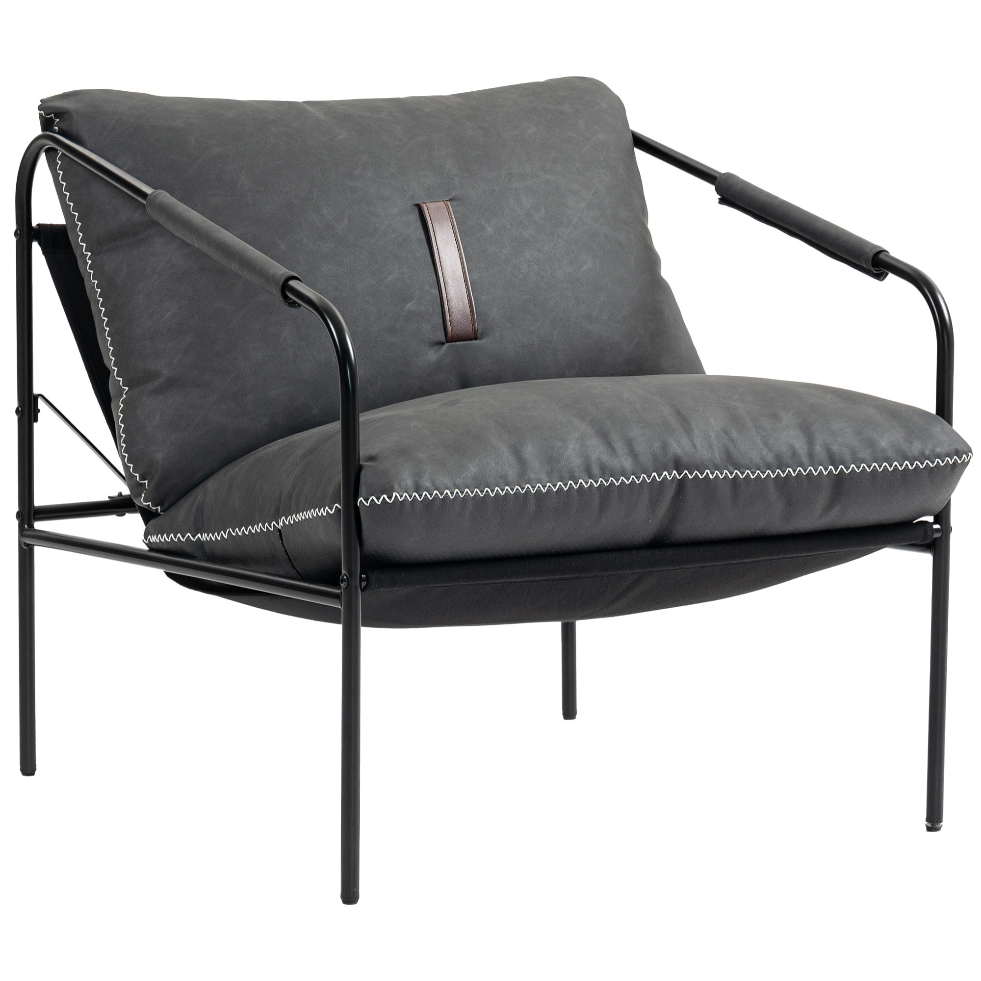 Butaca de Salón Moderna, Sillón de Lectura Tapizado en Cuero Sintético, Fundas de Cojines Extraíbles, Acolchado Grueso, Patas de Metal, para Dormitorio, Oficina, Gris Carbón