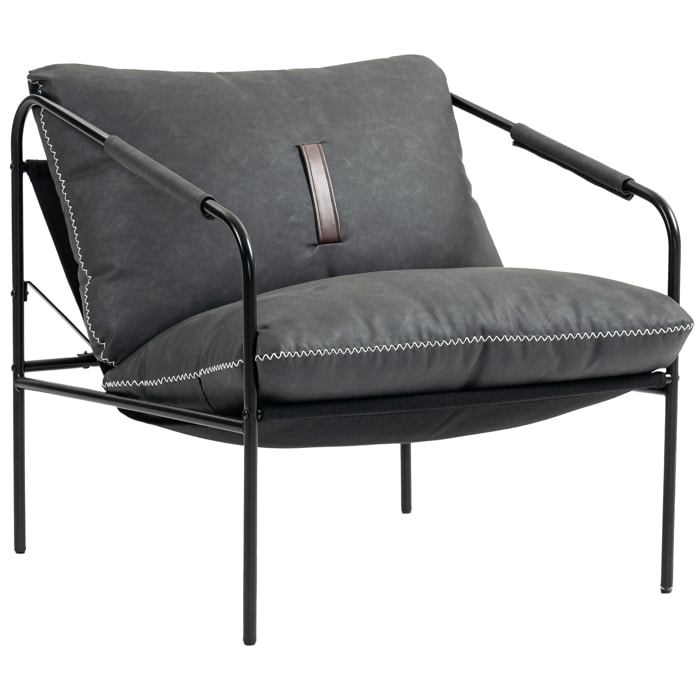 Butaca de Salón Moderna, Sillón de Lectura Tapizado en Cuero Sintético, Fundas de Cojines Extraíbles, Acolchado Grueso, Patas de Metal, para Dormitorio, Oficina, Gris Carbón