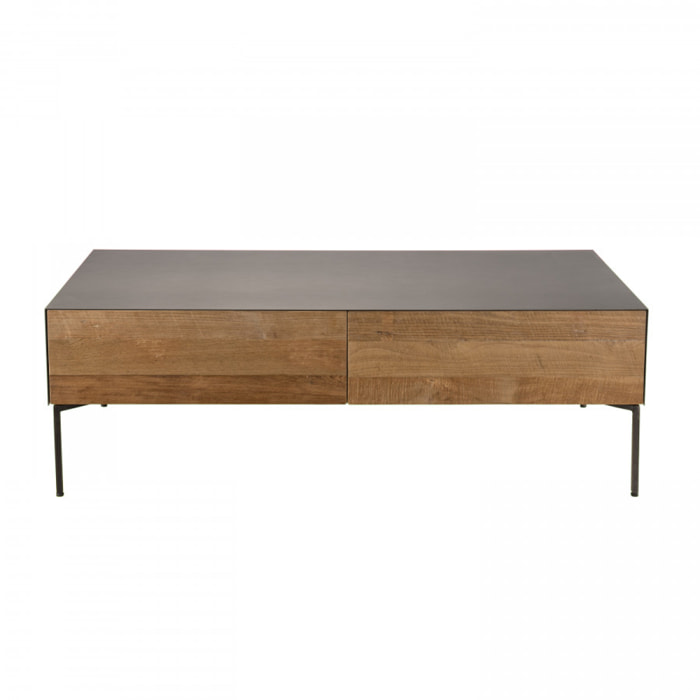 MADISON - Table basse rectangulaire 111x60cm 2 tiroirs bois Teck recyclé métal et pieds métal gris anthracite