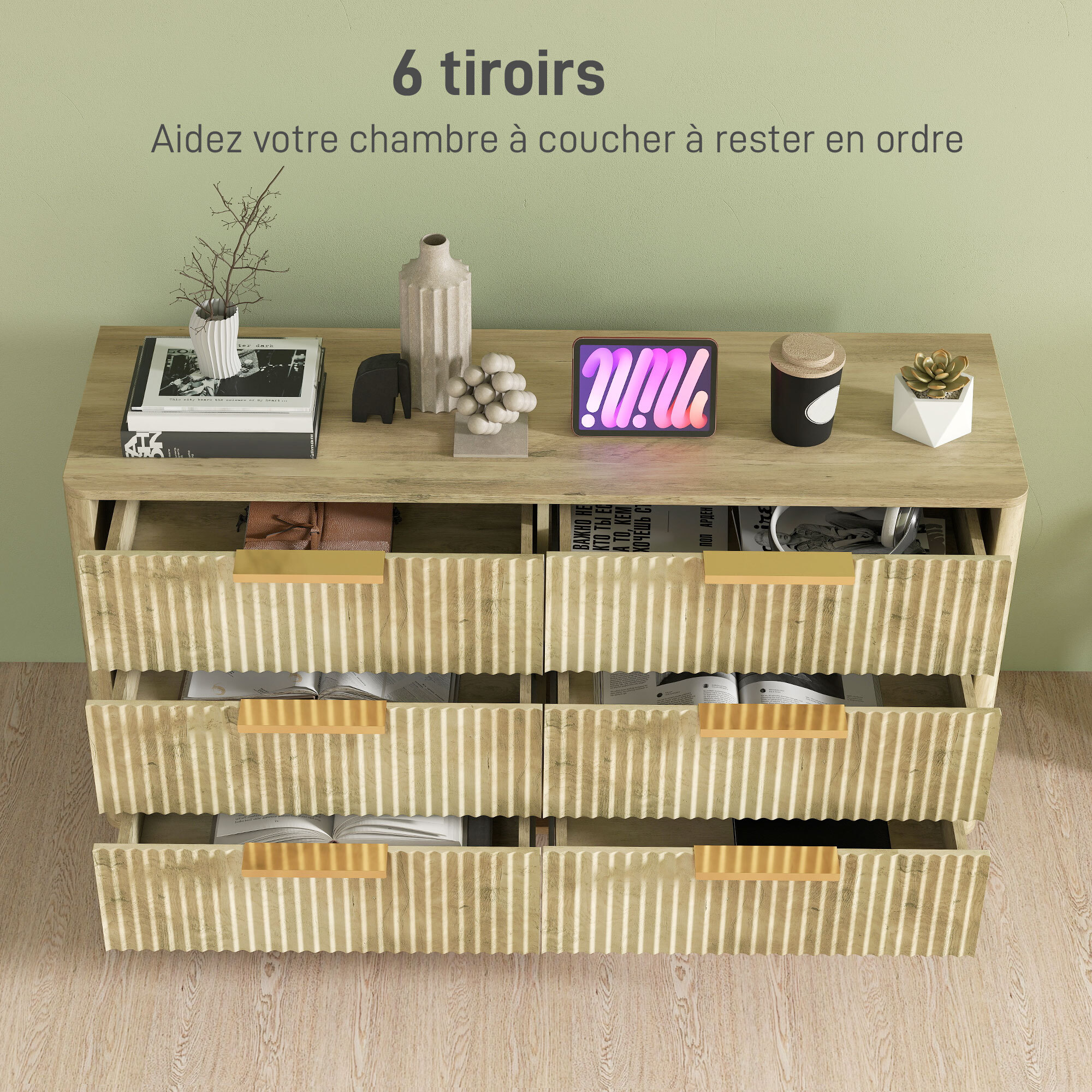 Commode 6 tiroirs effet bois façades cannelées poignées métal doré