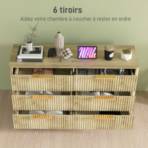 Commode 6 tiroirs effet bois façades cannelées poignées métal doré