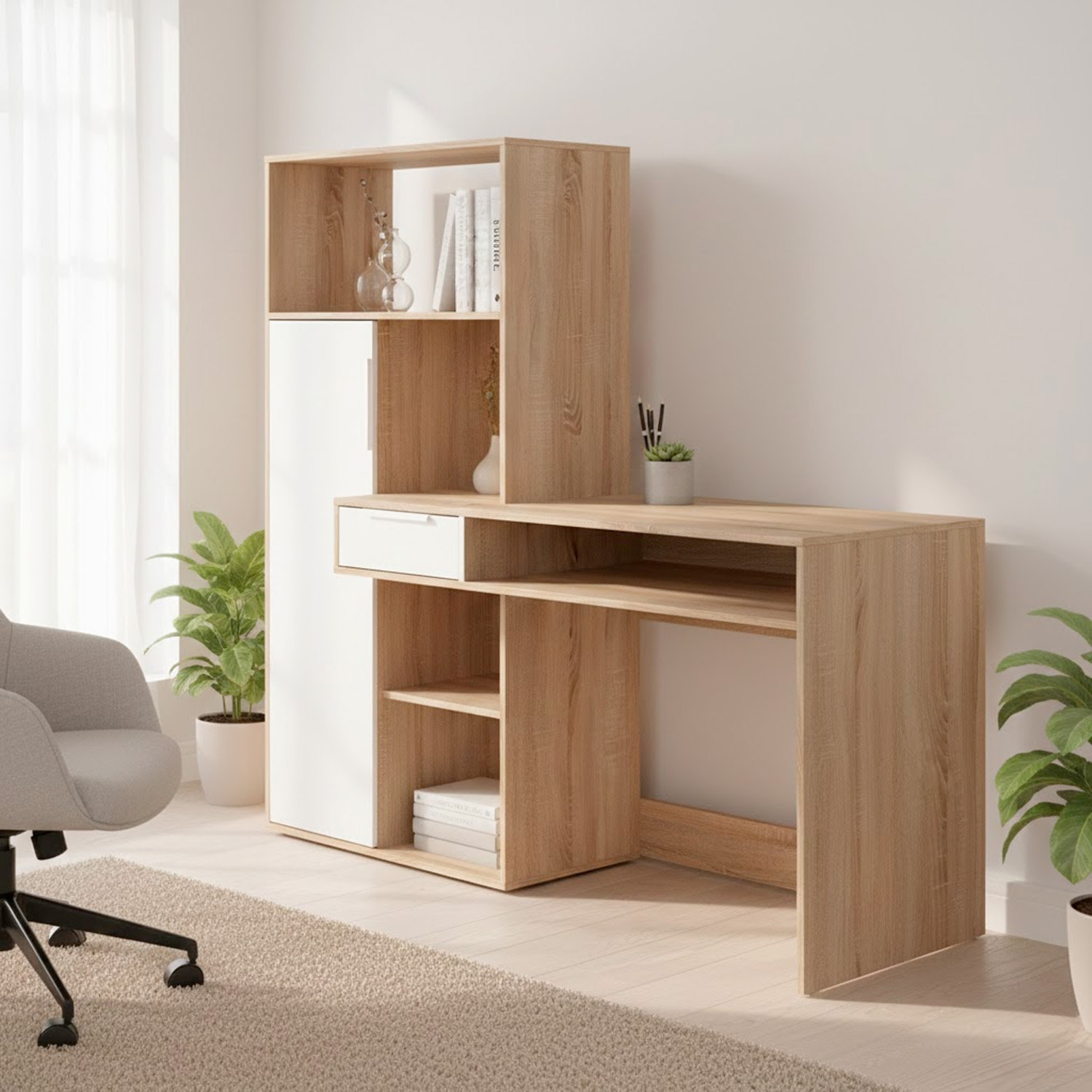 Scrivania Con Libreria Integrata Cassetto E Mobile con Ante Desk Multifunzionale Per Home Office E Studio 162.8 x 60.35 x 155.4 Cm Bianco e Rovere