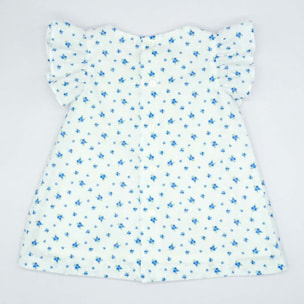 VESTIDO VOLANTE DE PLUMETI FLOR AZUL Y BLANCO