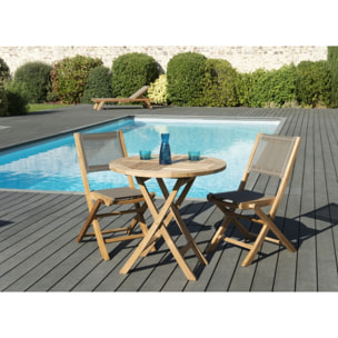 FUN - SALON DE JARDIN EN BOIS TECK 2 pers - Ensemble de jardin - 1 Table ronde pliante 80 cm et 2 chaises textilène taupe