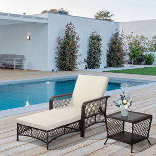 Bain de soleil transat design colonial avec table basse et matelas - dossier inclinable - résine tressée, polyester - marron crème