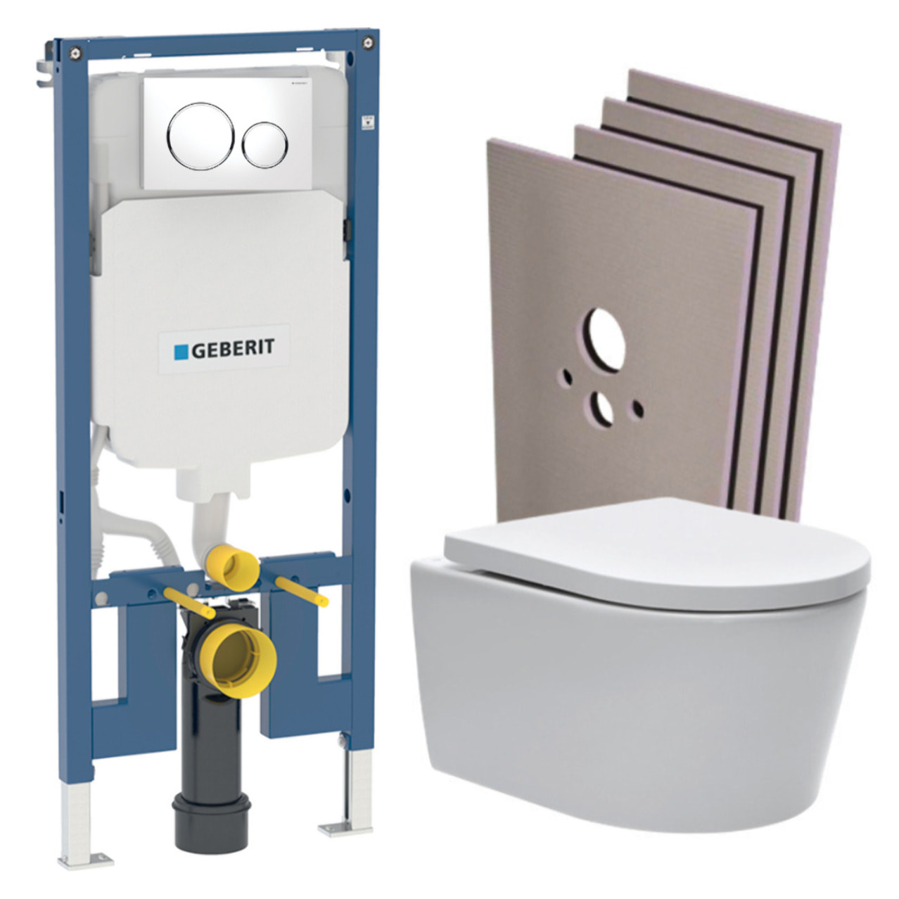 Pack WC sans bride SAT, fixations invisibles + Abattant softclose + Bâti Geberit Extra-plat UP720 + Plaque + Set Habillage
