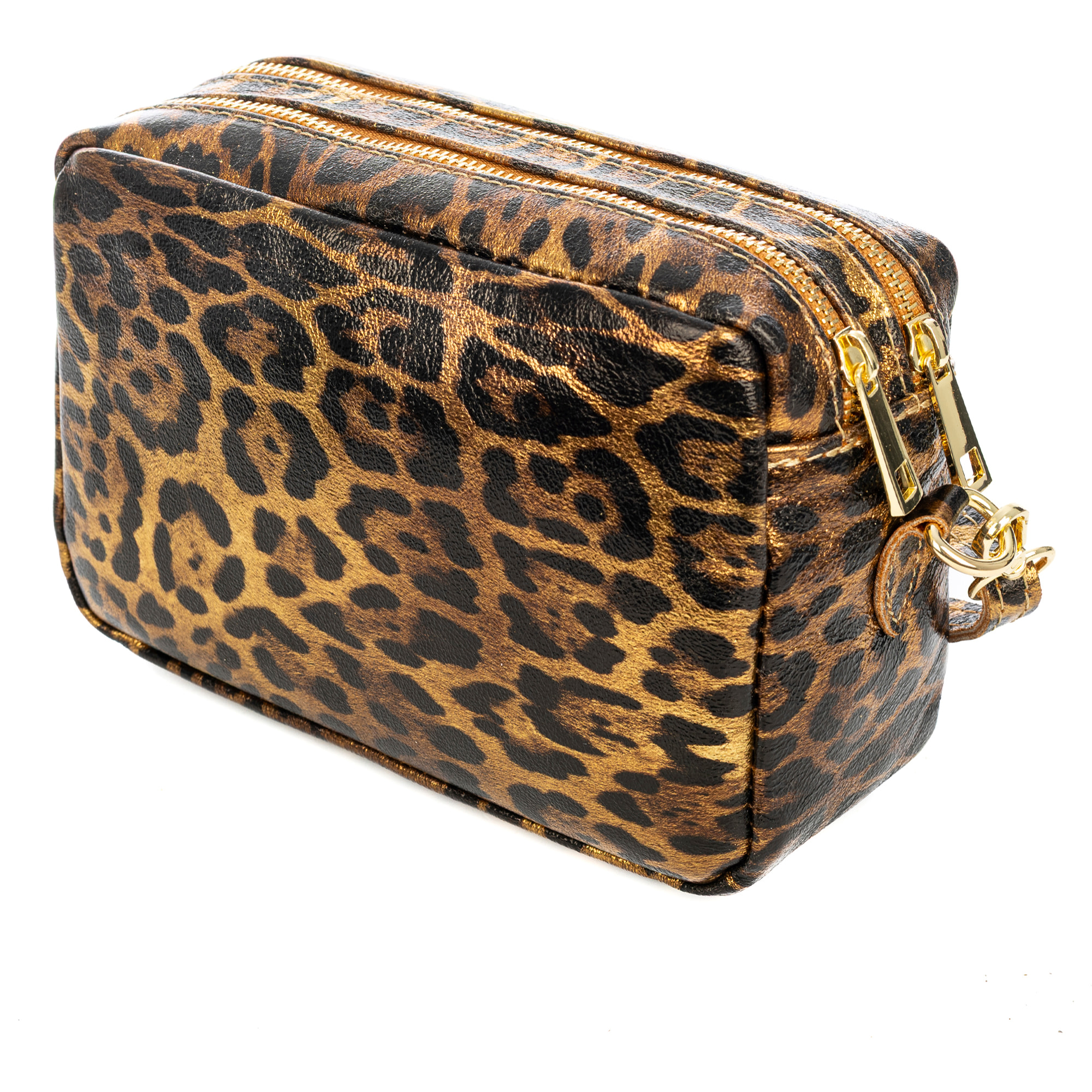 Degna borsa a tracolla donna. Pelle scamosciata autentica con stampa animalier leopardata e finitura lucida.