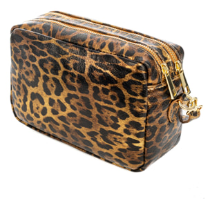 Degna borsa a tracolla donna. Pelle scamosciata autentica con stampa animalier leopardata e finitura lucida.