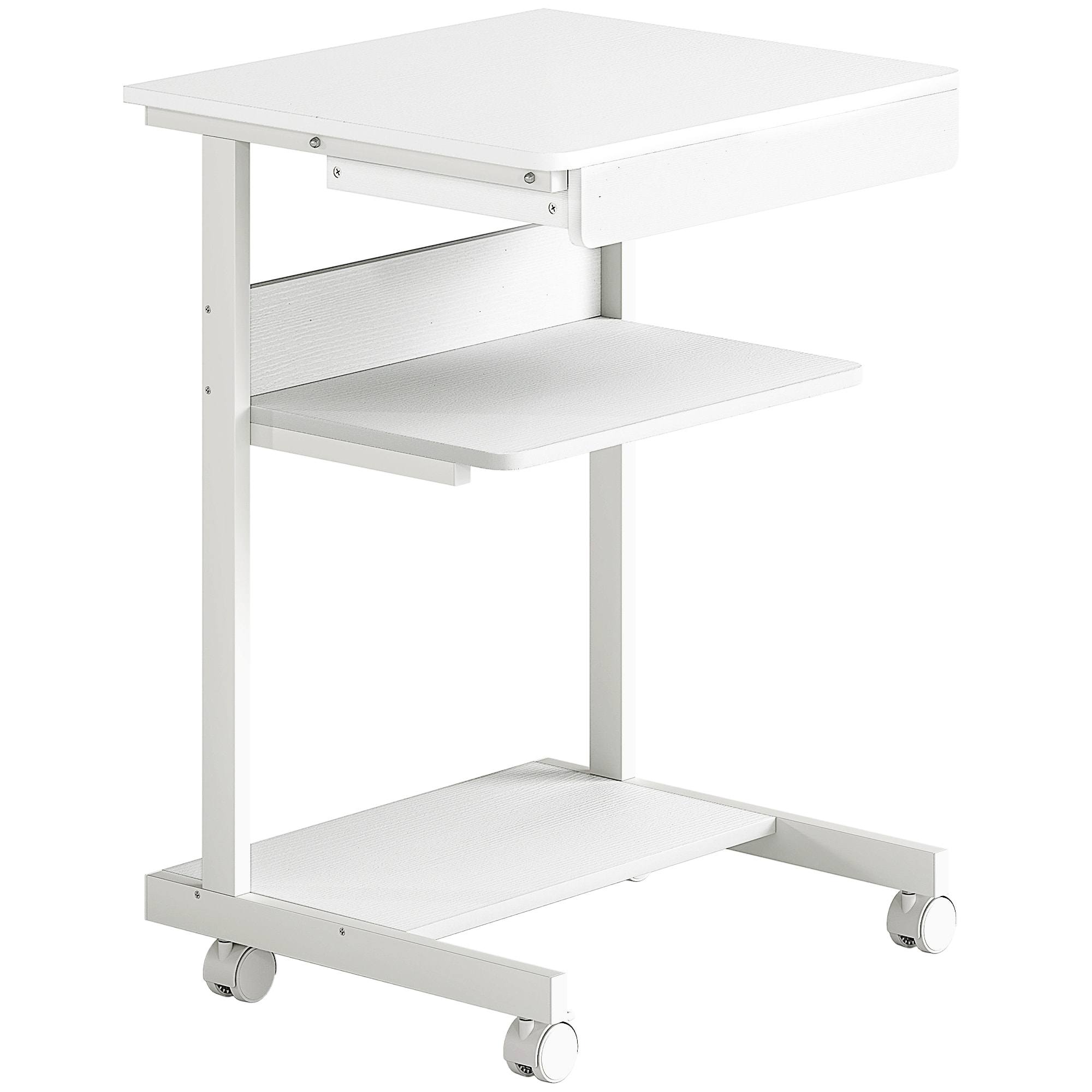 Bureau informatique roulant - bureau mobile - table d'ordinateur - tiroir coulissant 2 étagères - blanc naturel