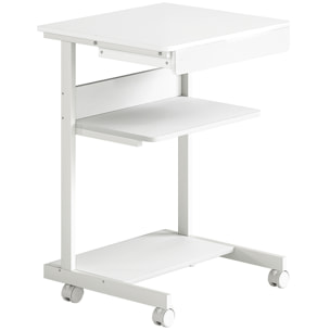 Bureau informatique roulant - bureau mobile - table d'ordinateur - tiroir coulissant 2 étagères - blanc naturel