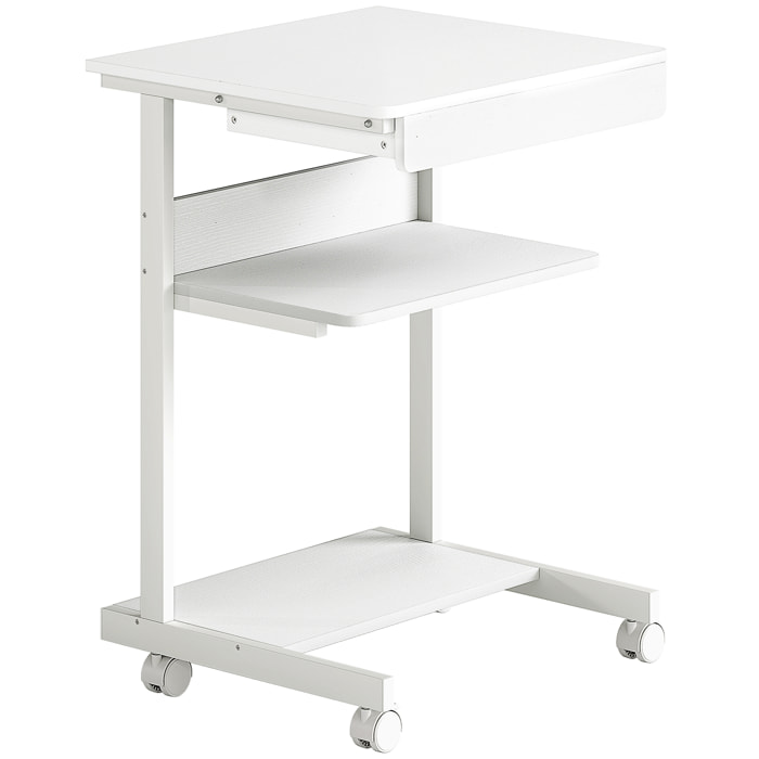 Bureau informatique roulant - bureau mobile - table d'ordinateur - tiroir coulissant 2 étagères - blanc naturel